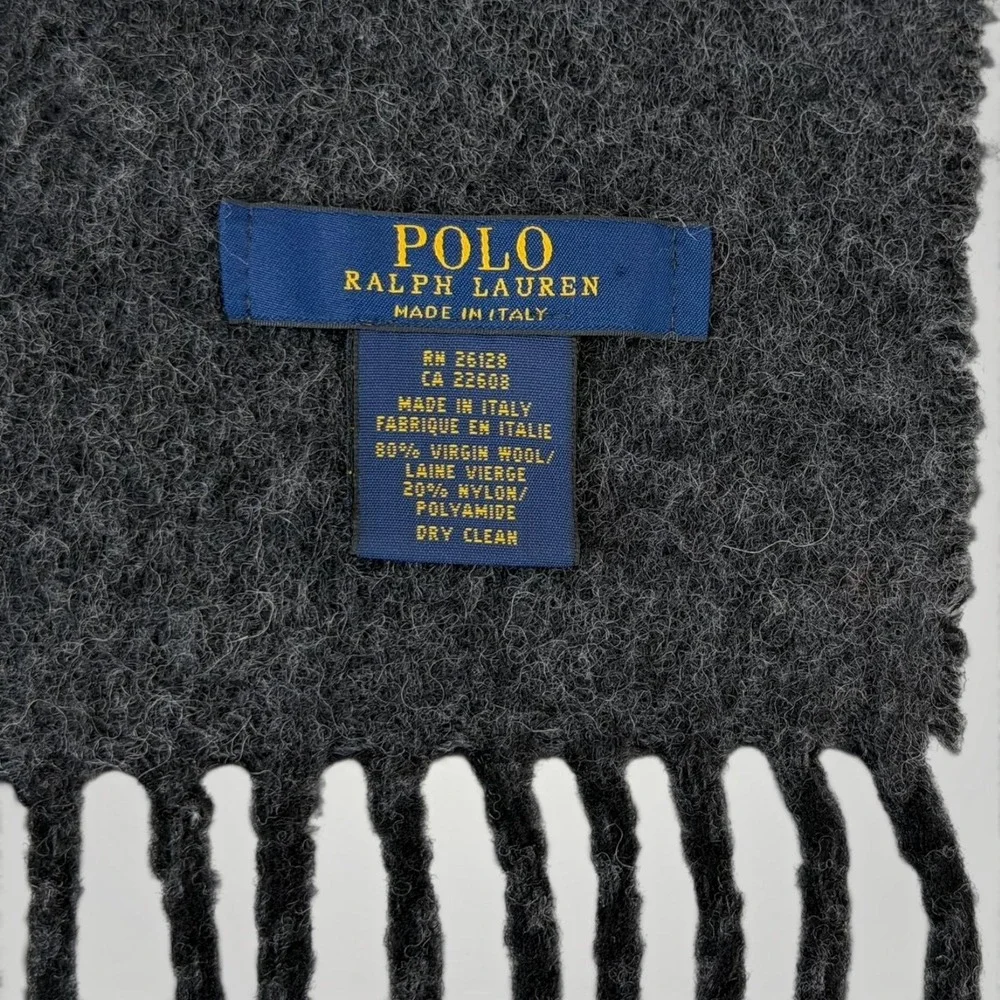 Polo Ralph Lauren Scarf Mens Gray Reversible Wool Fringe Italy Big Pony Logo
